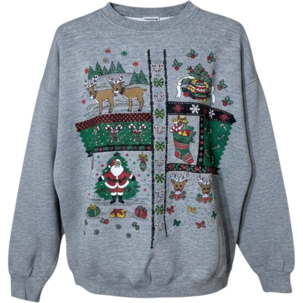 Vintage Tultex Ugly Christmas Sweatshirt Gray XL Made in USA 90s